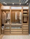 Organized walk-in closet in bedroom, wardrobe with drawers, hanging clothes and storage boxes Royalty Free Stock Photo