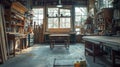 Organized woodshop interior with tools, workbench, and natural light Royalty Free Stock Photo