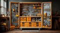 Organized Workshop with Wall-Mounted Tools and Storage Cabinets Royalty Free Stock Photo