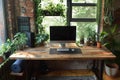 balanced work environment, an organized workspace with a standing desk, a rolled-up yoga mat, and natural light, perfect