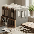 Organized workspace with a wooden file holder containing neatly arranged folders, Royalty Free Stock Photo