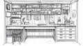 Sketch of a well-organized workshop workbench with tools and storage Royalty Free Stock Photo