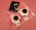 Organizer, mobile phone, two cups, Valentine's day, hearts Royalty Free Stock Photo