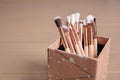 Organizer with professional makeup brushes on wooden table Royalty Free Stock Photo