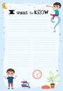 Organizer and schedule with place for notes. Vector template. Cute children to do list