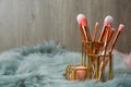 Organizer with set of professional makeup brushes and accessories on furry fabric against wooden background Royalty Free Stock Photo