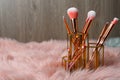 Organizer with set of professional makeup brushes on furry fabric against wooden background Royalty Free Stock Photo