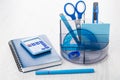 Organizer with stationery tools, notepad, calculator and pen on Royalty Free Stock Photo