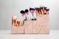 Organizers with professional makeup brushes