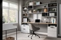 organizing and storage solutions for the home office, with a sleek desk, ergonomic chair and organized workspace