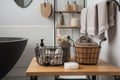 organizing and storage solutions using containers, hooks, and baskets for the bathroom