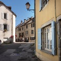 street and old houses in french town of orgelet in jura