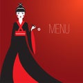 Oriantal femme fatale in a long black kimono with a traditional Japanese makeup eating sushi.