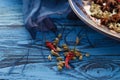 Orient table with spices on blue table