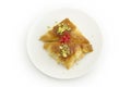 Oriental Arabic sweet warbat with qishta, kadayif, kunafa, with pistachio and cheese