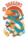 Oriental Asian Dragon Concept in Vintage Hand Drawn Style