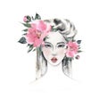 Oriental beautiful girl and pink peonies. Watercolor illustration