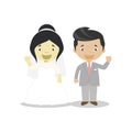 Oriental bride and oriental mestizo bridegroom Interracial newlywed couple in cartoon style Vector illustration