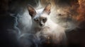 The Oriental cat captivates in a graceful white-grey smoke, its sleek body and expressive eyes