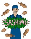 Oriental chef with puffer fish and sashimi quote. Japanese cuisine. Smiling asian chef in uniform. Vector illustration