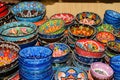 Oriental Colorful Ceramic Bowls for Sale on Grand Bazaar at Istanbul, Turkey, Tureens in Artisan Market close-up. Traditional
