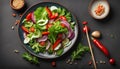oriental cuisine food. salad and vegetable on dark background. wholesome healthy eating. copyspace concept Royalty Free Stock Photo