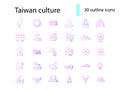 Oriental culture of Taiwan outline icons set. Taiwanese attractions. Purple symbol. Isolated vector illustration