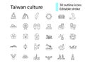 Oriental culture of Taiwan outline icons set. Taiwanese attractions. Editable stroke. Isolated vector stock illustration