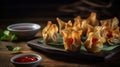 Oriental deep fried wontons filled with prawn and spring onion, served with dumpling and chili sauces, generative ai