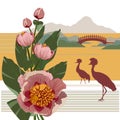 Oriental design with crowned crane silhouette, japanese bridge and peony flowers.