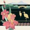 Oriental design with herons silhouettes, japanese bridge and iris flowers.