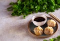 dim sum dumplings with soy sauce Royalty Free Stock Photo