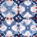 oriental ethnic Japanese floral seamless carpet pattern with red blue flowers on white background Royalty Free Stock Photo