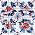 oriental ethnic Japanese floral seamless carpet pattern with red blue flowers on white background Royalty Free Stock Photo