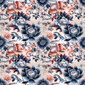 oriental ethnic traditional Japanese floral seamless carpet pattern with red and blue flowers on white background Royalty Free Stock Photo