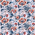 oriental ethnic traditional Japanese floral seamless carpet pattern with red and blue flowers on white background Royalty Free Stock Photo