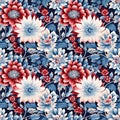 oriental ethnic traditional Japanese floral seamless carpet pattern with red and blue flowers on white background Royalty Free Stock Photo