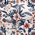 oriental ethnic traditional Japanese floral seamless carpet pattern with red and blue flowers on white background Royalty Free Stock Photo