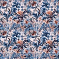 oriental ethnic traditional Japanese floral seamless carpet pattern with red and blue flowers on white background Royalty Free Stock Photo