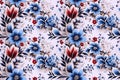 oriental ethnic traditional Japanese floral seamless carpet pattern with red and blue flowers on white background Royalty Free Stock Photo