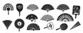 Oriental fans silhouettes. Asian traditional hand fans, elegant oriental japanese monochrome decorative elements. Vector
