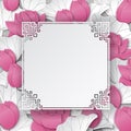 Oriental floral background with pink lotus flowers and chinese ornate cuted frame Royalty Free Stock Photo