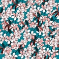 Oriental floral seamless pattern. Endless vector texture hand drawn on a turquoise background for fabrics, bedding and kitchen