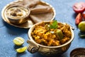 Oriental food Indian paneer sabji with chapati and chutney sous. indian cuisine. Indian Curry in copper brass with ingredients in