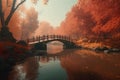 Oriental forest bridge autumn. Generate Ai