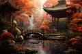 Oriental forest bridge autumn. Generate Ai