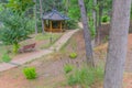 Oriental gazebo beside concrete walkway