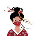 Oriental girl in a mask. A young beautiful Japanese woman in a kimono, with with a high hairdo Royalty Free Stock Photo