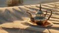 Oriental gold teapot lying on the sand