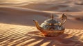 Oriental gold teapot lying on the sand